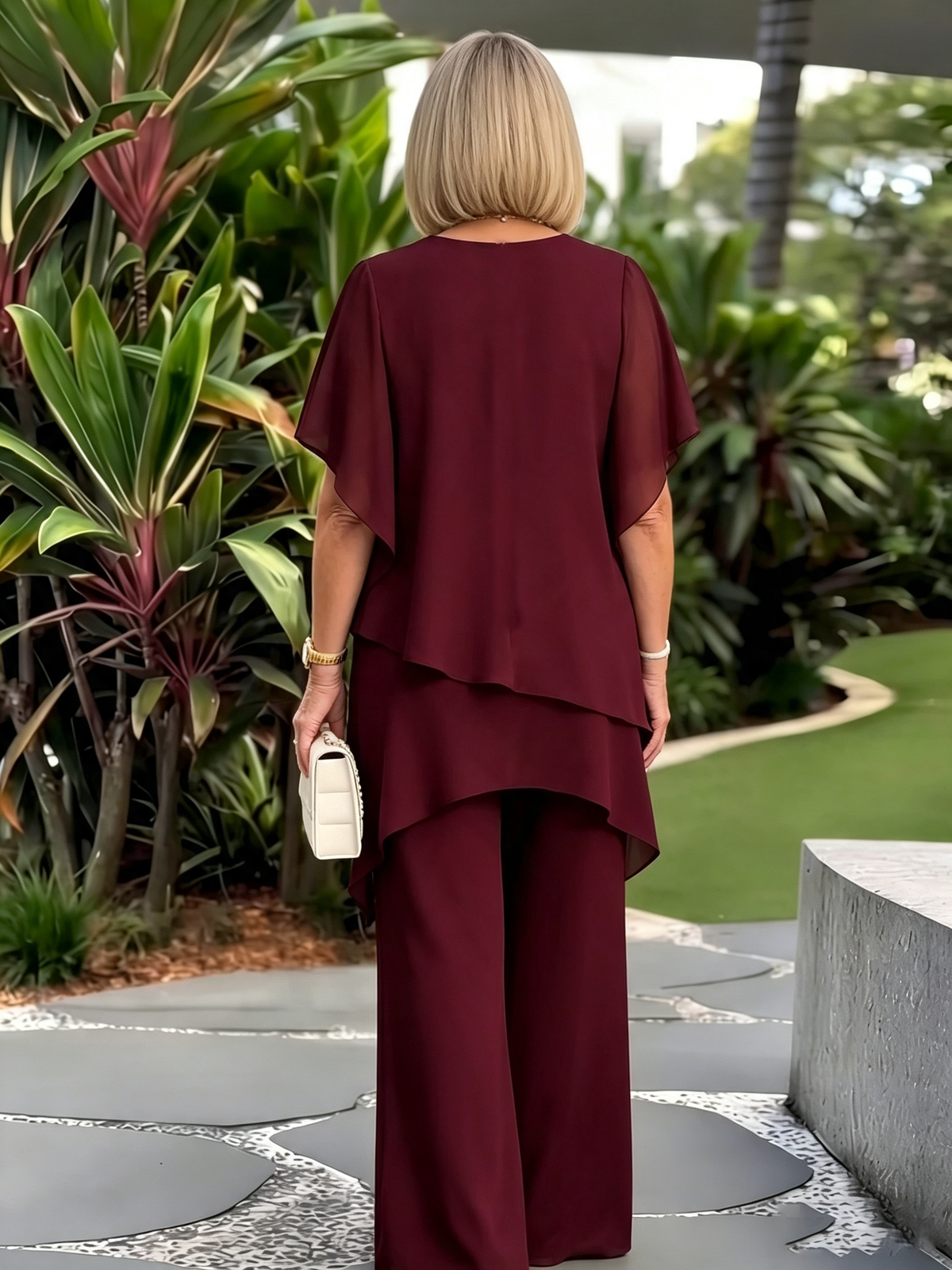 Women's 2 Piece Chiffon Pants Set, Round Neck Sheer Flutter Sleeve Asymmetric Double Layer Tunic Top & Wide Leg Trousers, Elegant Loose Matching Outfit for Wedding Guest Formal Occasions