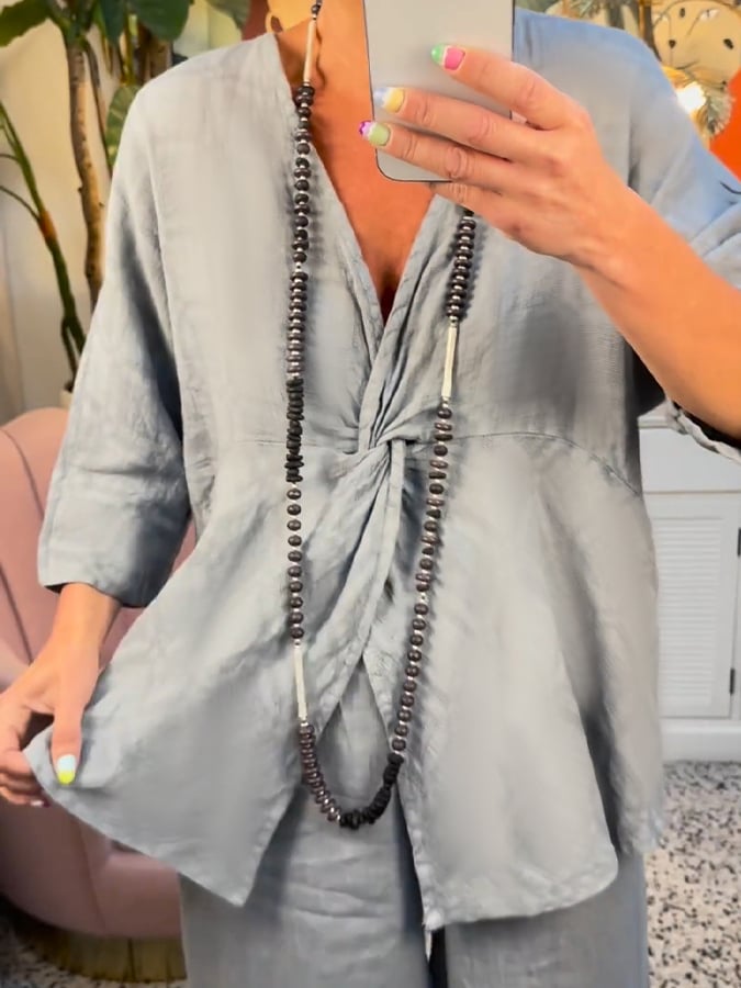 Women'S Casual V-Neck Twisted Cotton And Linen Two-Piece Suit