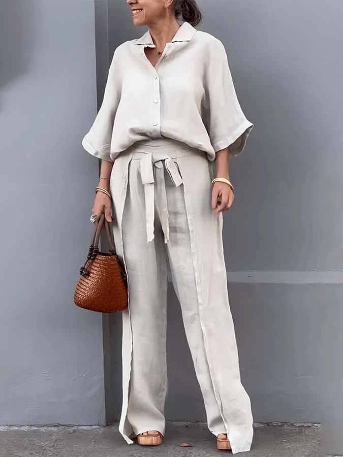 Women'S Casual Single-Breasted Shirt + Characteristic Strappy Wide-Leg Pants Suit