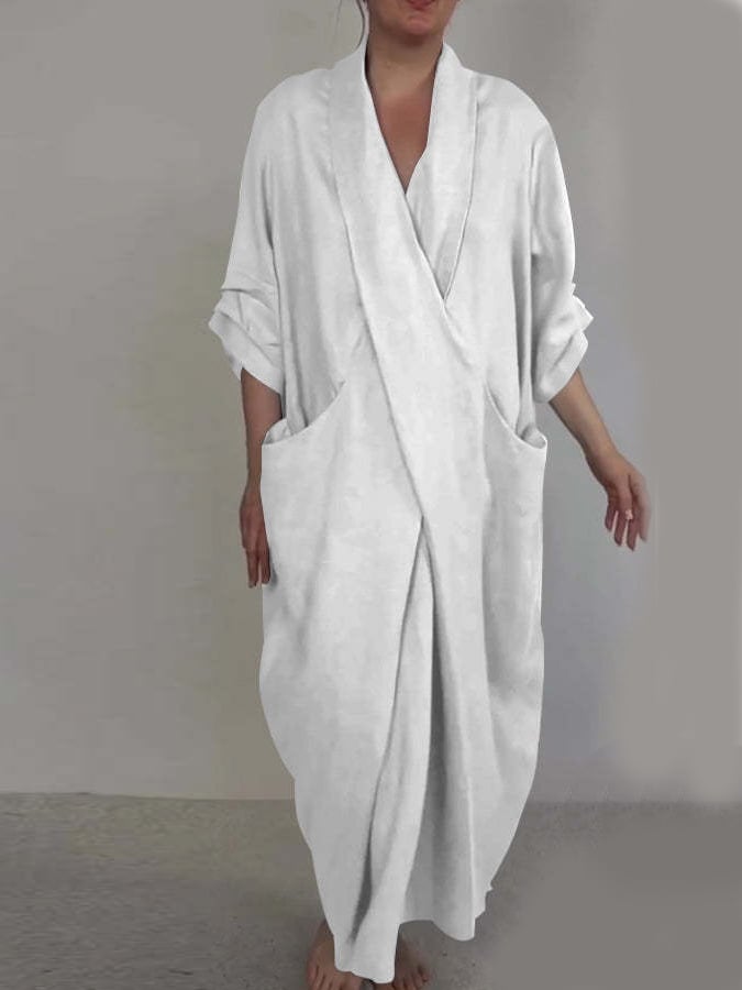Women'S Casual Large Pocket Crossover V-Neck Cotton And Linen Dress