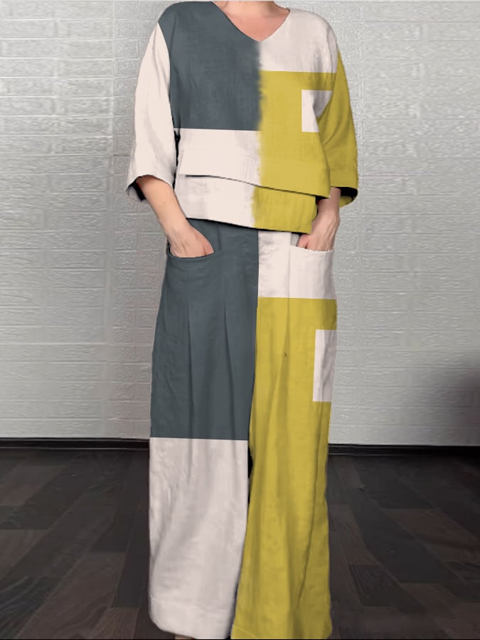 Women'S Casual Color Block Pattern Print Irregular Cotton And Linen Suit