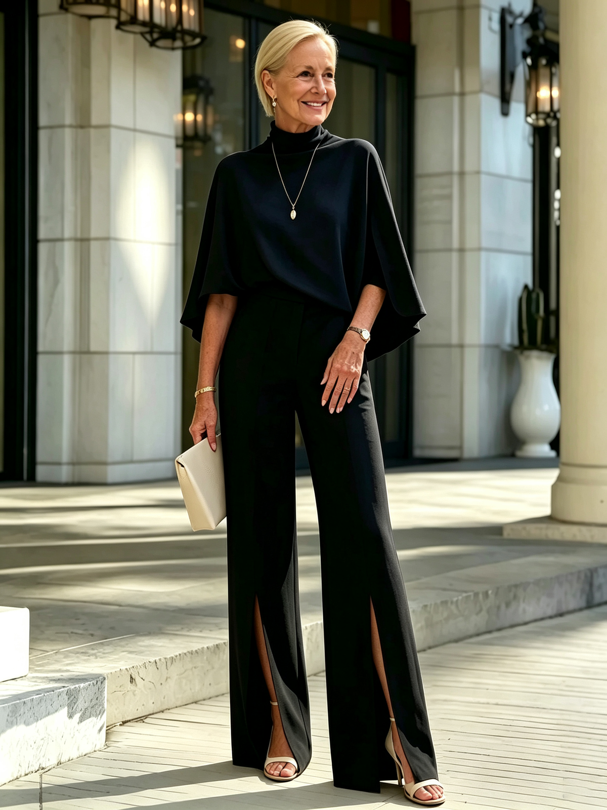 Solid Color 2 Piece Outfit Set, Semi High Mock Neck Cape Sleeve Blouse, High Waist Split Wide Leg Pants, Light Textured Woven Fabric, Relaxed Elegant Silhouette, Flowy Cape Top and Front Slit Trousers for Formal and Semi-formal Occasions