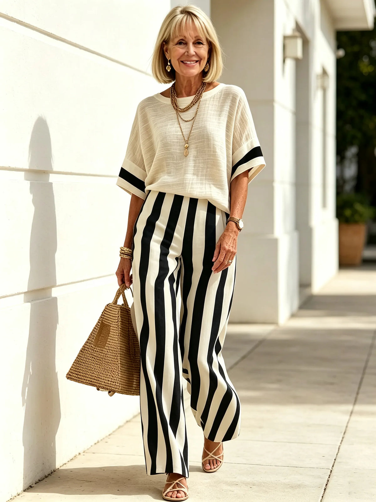 2Pcs Casual Cotton Linen Outfits Short Sleeve Loose Top with Striped Wide Leg Pants Set Summer Beach Vacation Holiday Streetwear Matching Sets