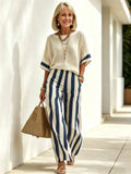 2Pcs Casual Cotton Linen Outfits Short Sleeve Loose Top with Striped Wide Leg Pants Set Summer Beach Vacation Holiday Streetwear Matching Sets