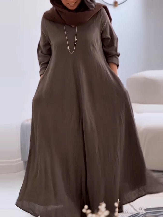 Women's Casual Solid Color V-Neck Long Sleeve Cotton and Linen Dress