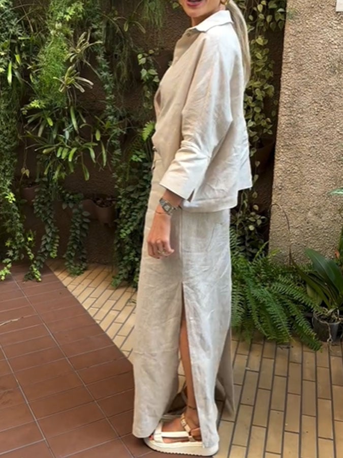 Women's Casual Cotton and Linen Shirt Skirt Suit