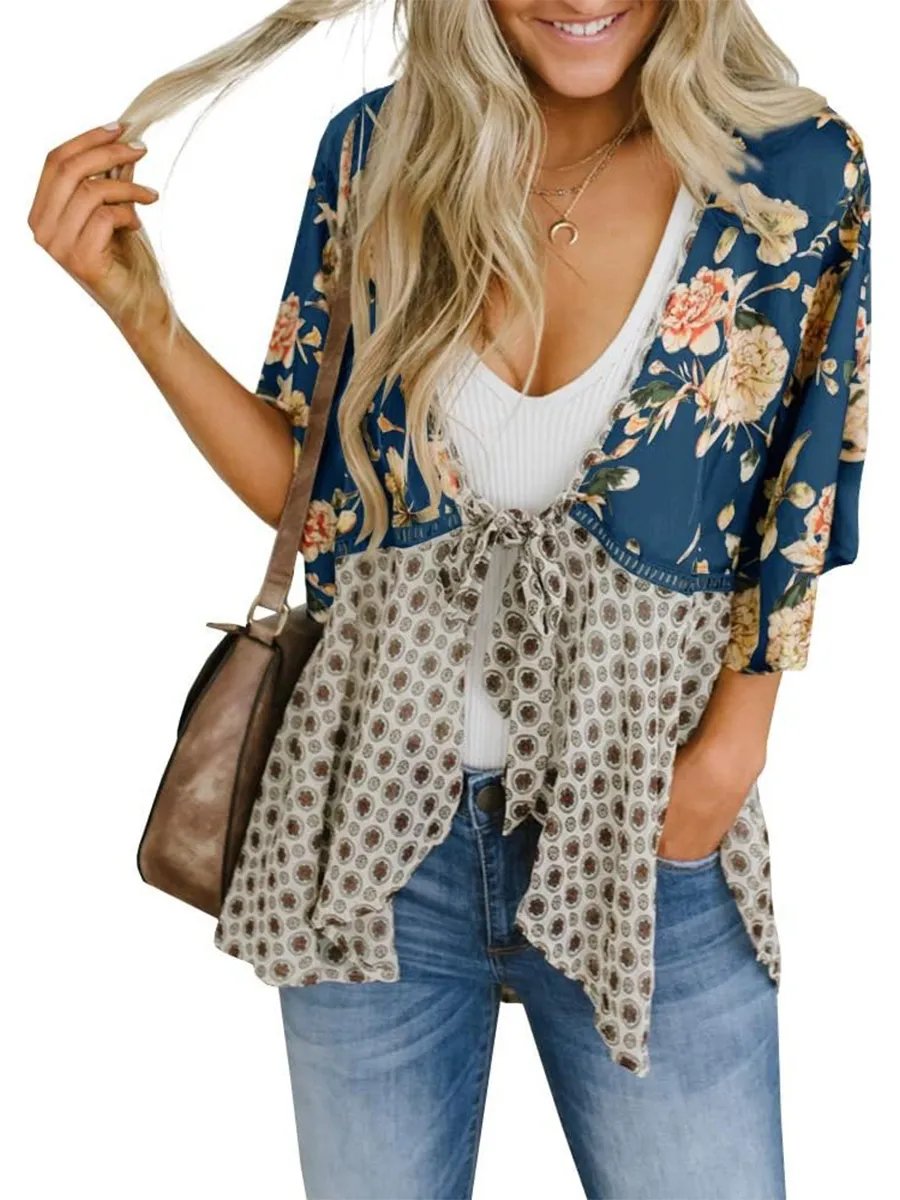 ✨Women's Floral Kimono Ruffle Sleeve Tie Cardigans Flowy Boho Loose Cover Ups