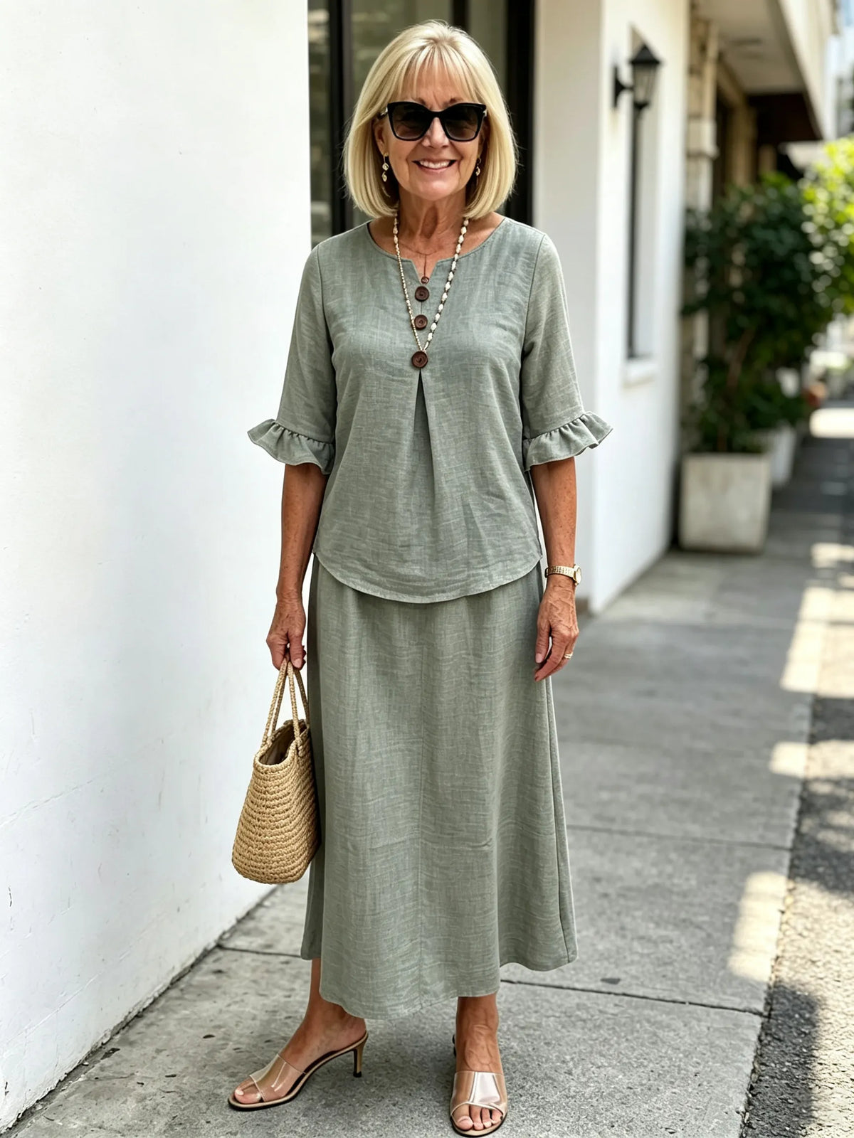 2Pcs Casual Matching Top and Skirt Set, V Neck Button Placket Blouse, Ruffle Edge Seven-quarter Sleeve, Solid Lightweight Linen-like Fabric, Loose A-line Midi Skirt, Relaxed Fit Co-Ord Outfit for Daily Wear and Vacation