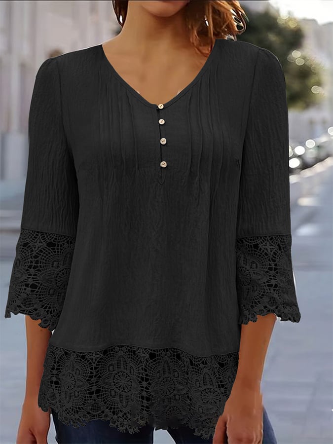 Women'S Casual Solid Color Lace Sleeve Top