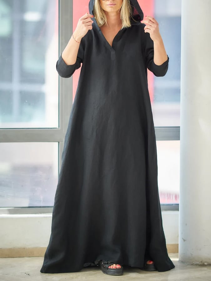 Women's Casual Solid Color Vintage Hooded Pullover Dress