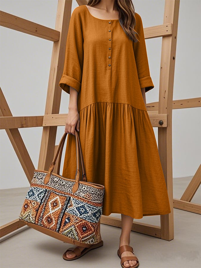 Women'S Solid Color Square Neck Retro Button A-Line Loose Holiday Dress