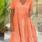Ladies Solid Color V-Neck Wide Swing Casual Dress
