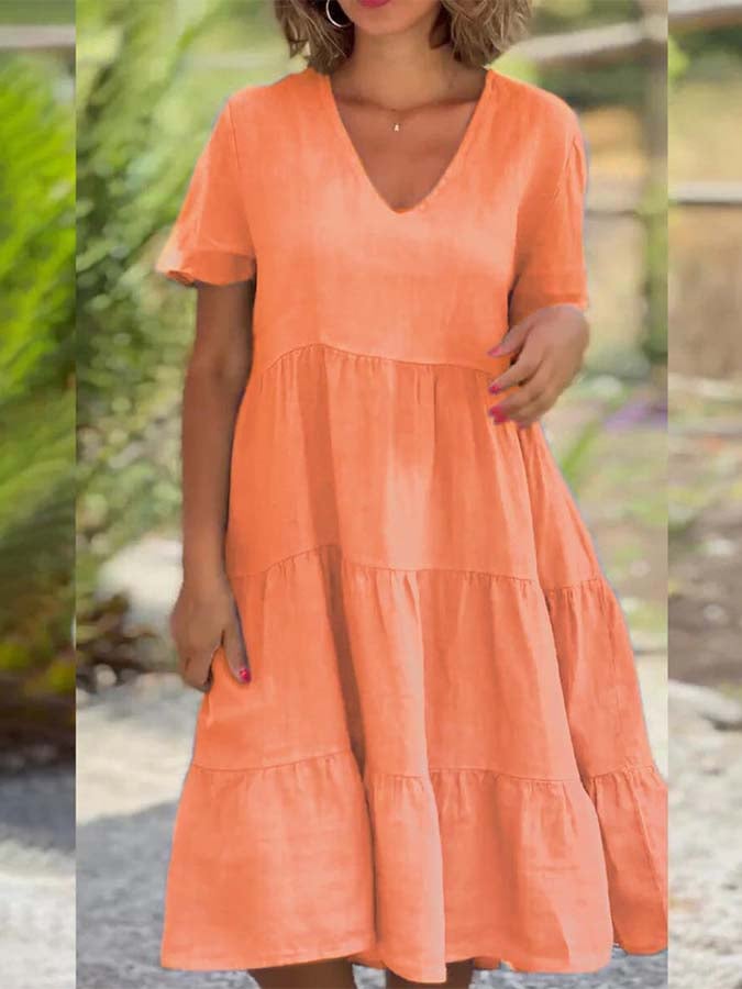 Ladies Solid Color V-Neck Wide Swing Casual Dress