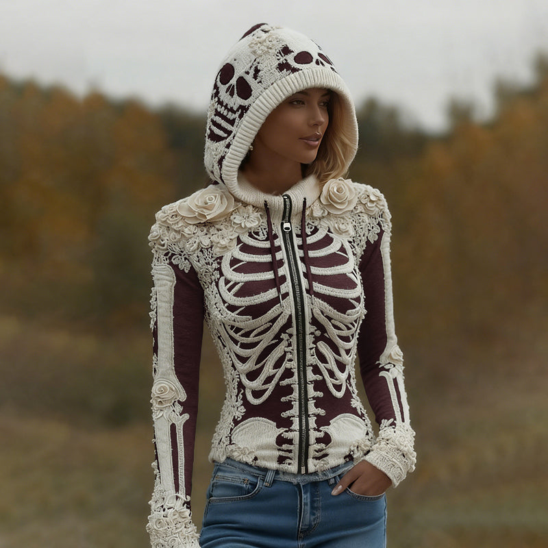 Women's Halloween Skeleton Bones With Roses Art Knitted Warm Zipper Hooded Sweater