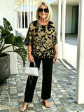 2Pcs Gold Foil Print Outfit Set Crew Neck Flutter Sleeve Layered Blouse with Straight Leg Pants Mother of the Bride Formal Evening Suits