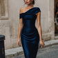 Midnight Asymmetrical Ruched Midi Dress
