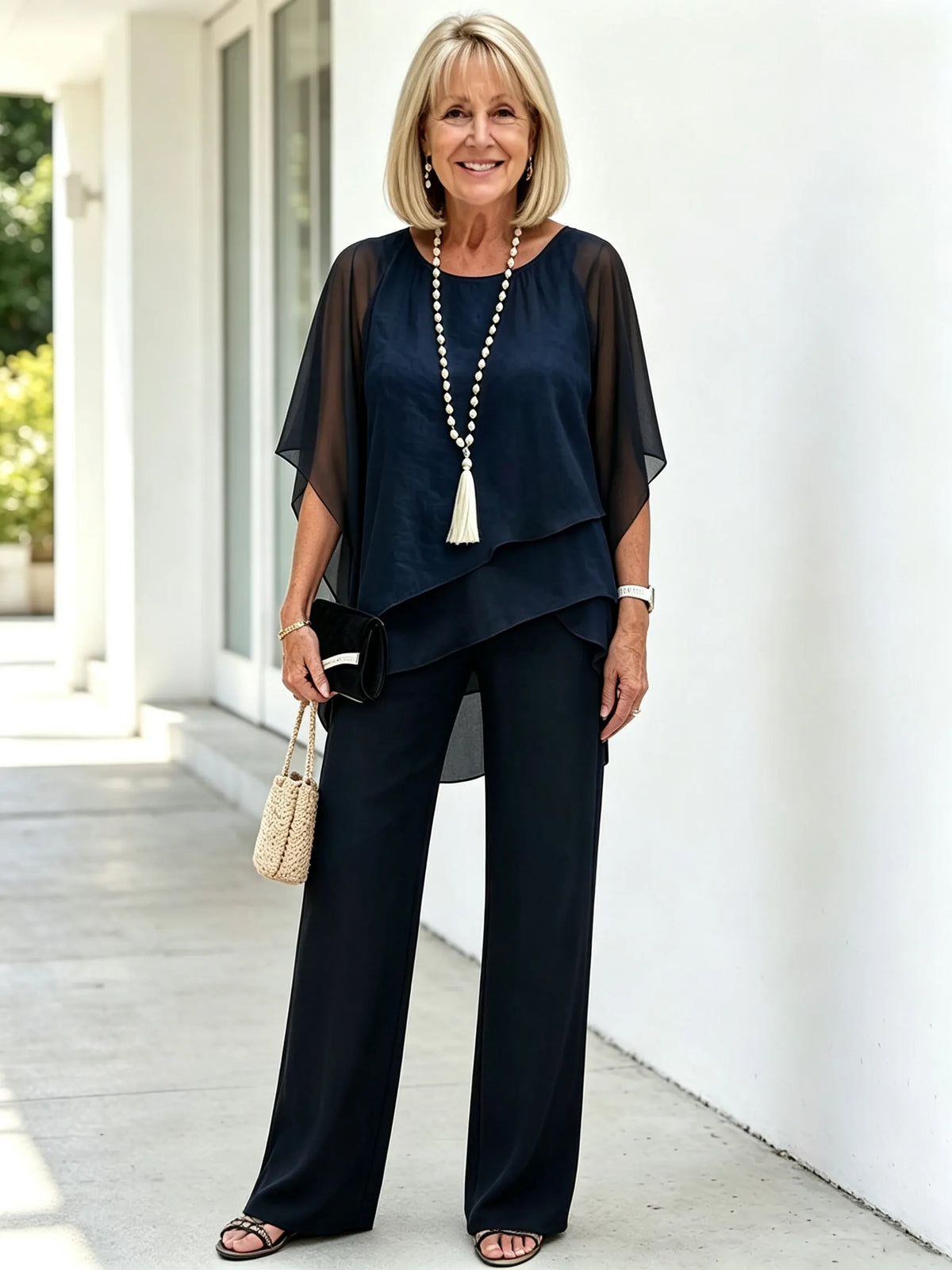 2 Piece Pant Set, Round Neck Keyhole Cutout Chiffon Cape Top, Irregular Layered Hem, Loose Flowy Batwing Sleeves, High Waist Straight Wide Leg Trousers, Lightweight Sheer Fabric, Elegant Outfit Set for Wedding Guest and Formal Occasions