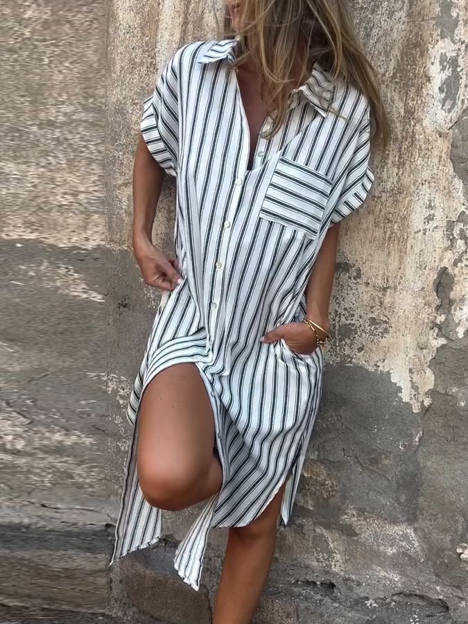 Women's Casual Striped Short Sleeve Shirt Dress