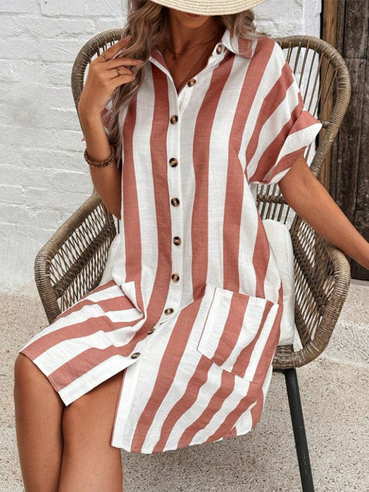 Women's Casual Lapel Striped Print Short Sleeve Dress