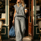 Women's Denim Co-Ord Set - Sleeveless Mock Neck Top & Wide Leg Jeans