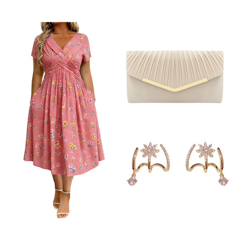 👗 50% OFF NOW! 💐Women's V-Neck Floral Twist Waist Midi Dress – with Side Pockets, Soft Flowy Casual Summer Dress