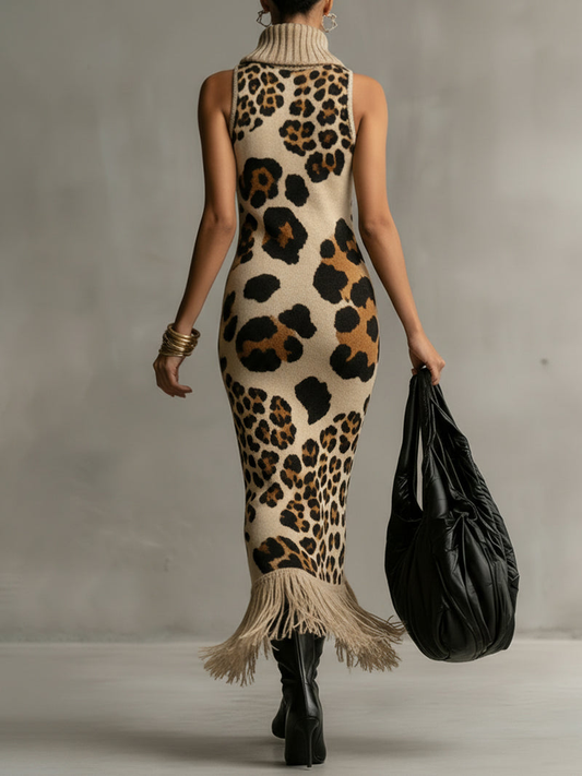 Brown Leopard Print Knitted Tassel Sleeveless Maxi Dress