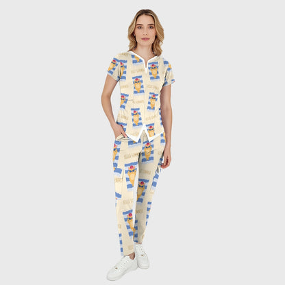 Women's Puff Sleeves Cute Animals Printed Scrub Set SAA23