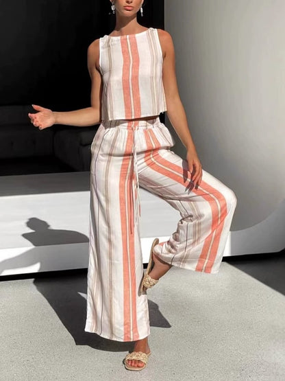 Women's Casual Striped Sleeveless Top and Wide Leg Pants Set