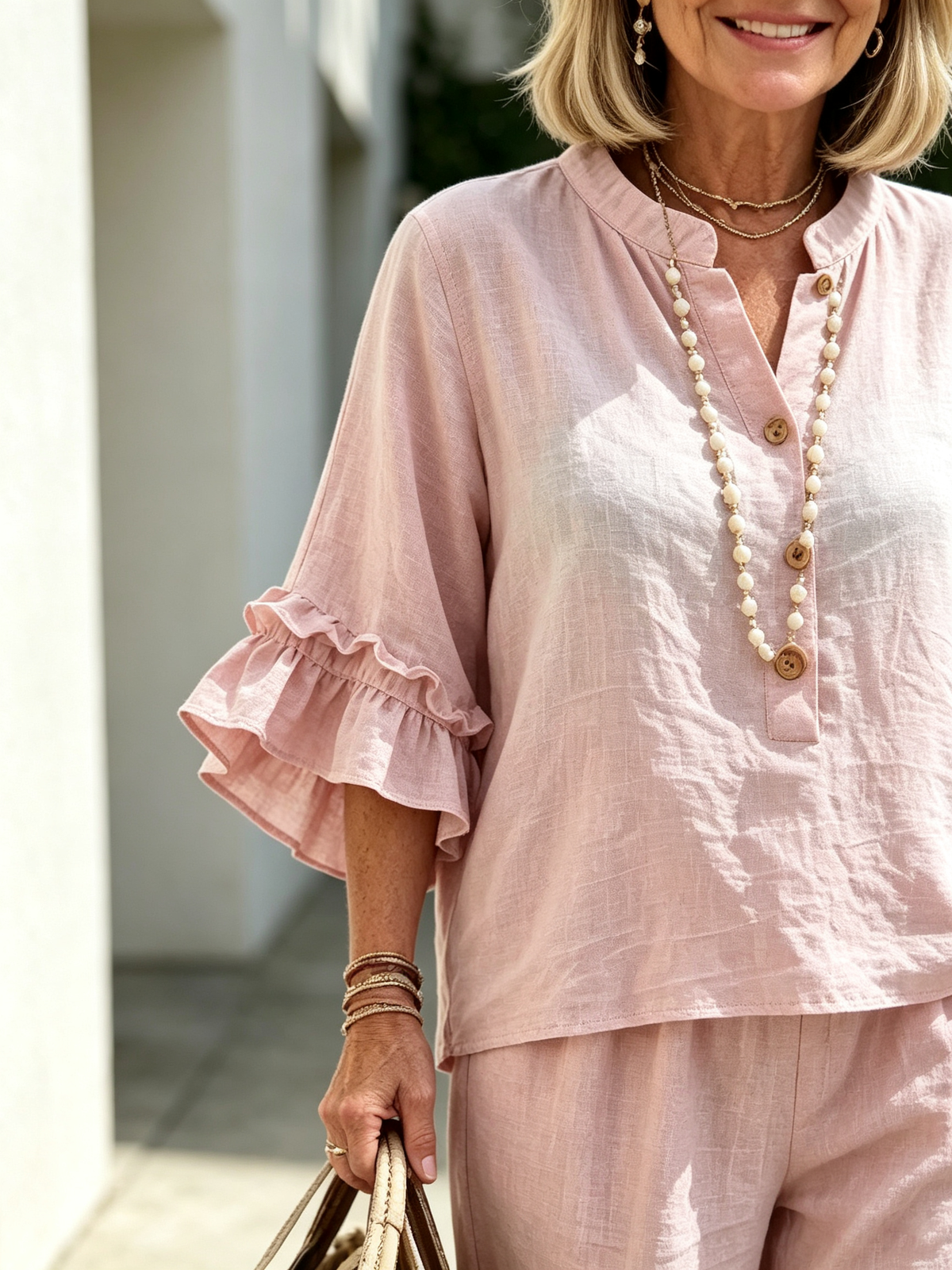 2Pcs Casual Matching Outfit Set, Mandarin Collar Half Button Top, Ruffle Edge Seven-quarter Sleeve Blouse, Solid Lightweight Textured Fabric, Elastic Waist Nine-quarter Jogger Pants with Button Hem Detail, Relaxed Loose Fit Co-Ord Suit for Daily L