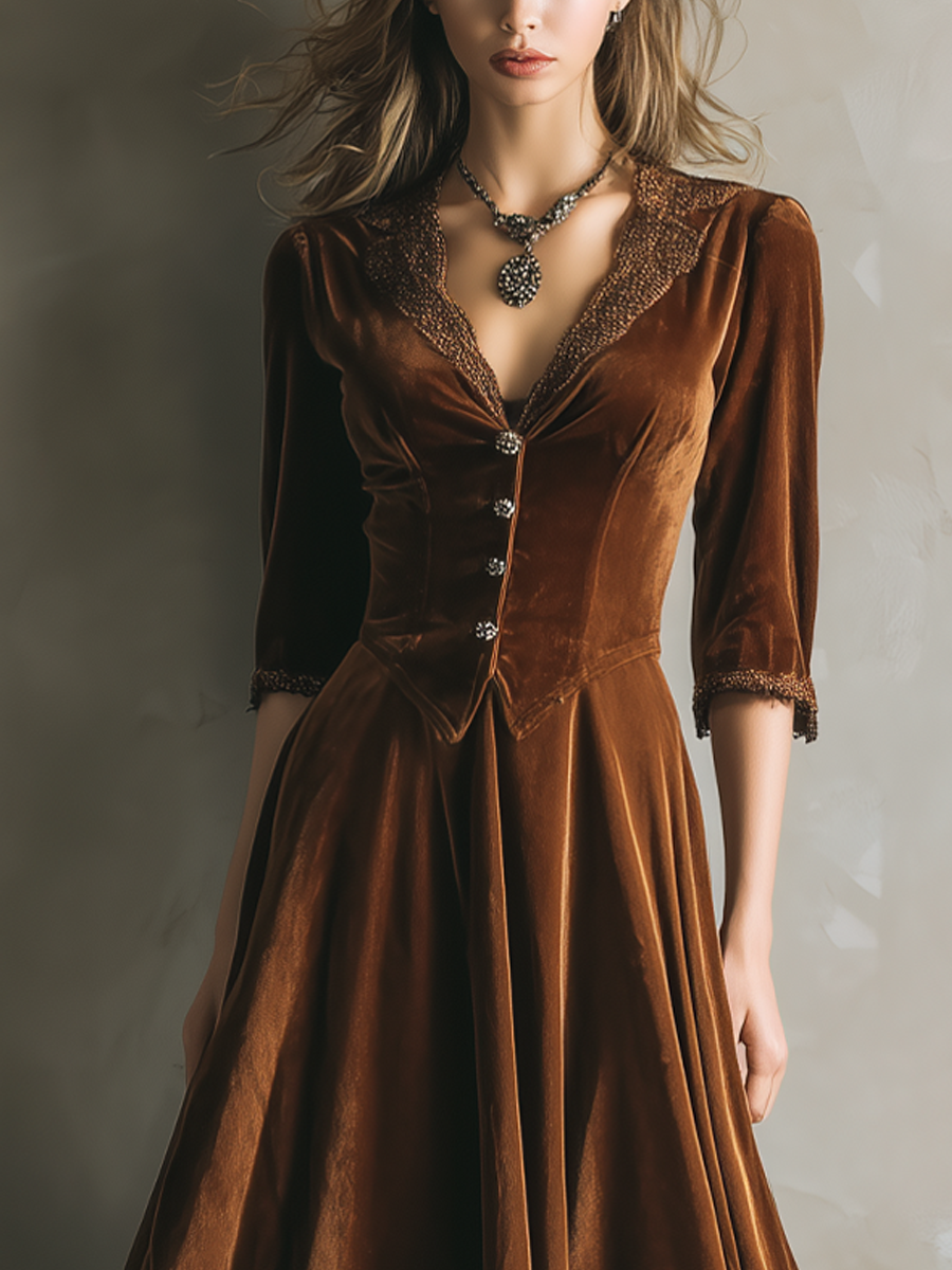 Vintage Three-Quarter Sleeves Lace Velvet Midi Dress