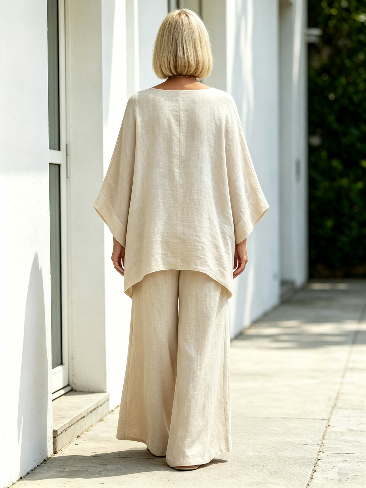 2Pcs Elegant Women Solid Linen‐Blend Two‐Piece Set, Oversized Batwing Sleeve Uneven Hem Tunic Blouse, Breathable Flowy Wide Leg Floor‐Length Pants, Loose Comfortable Casual Co‐ord Suit for Beach Holiday Daily Street Wear