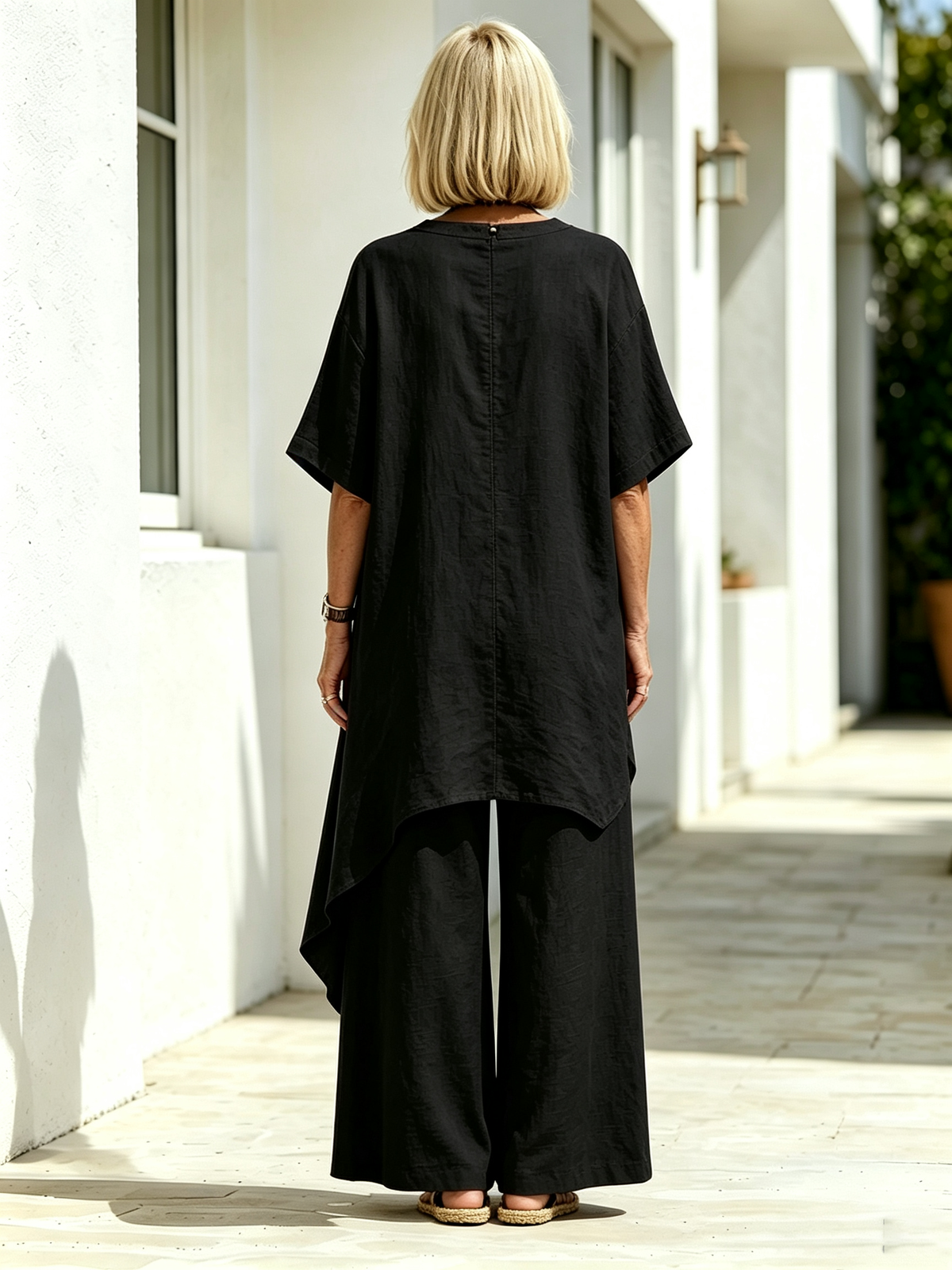 2Pcs Solid Color Cotton Linen Two-piece Outfit, Round Neck Short Sleeve Irregular Hem Tunic Top, Wide Leg Long Pants, Loose Relaxed Fit, Lightweight Breathable Fabric, Flowy Casual Coordinate Set for Daily, Holiday and Outdoor Occasions