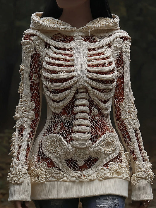 Vintage Halloween Anatomy And Rose Art Knit Hooded Sweater