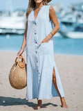 Women's Casual V-Neck Pocket Sleeveless Dress