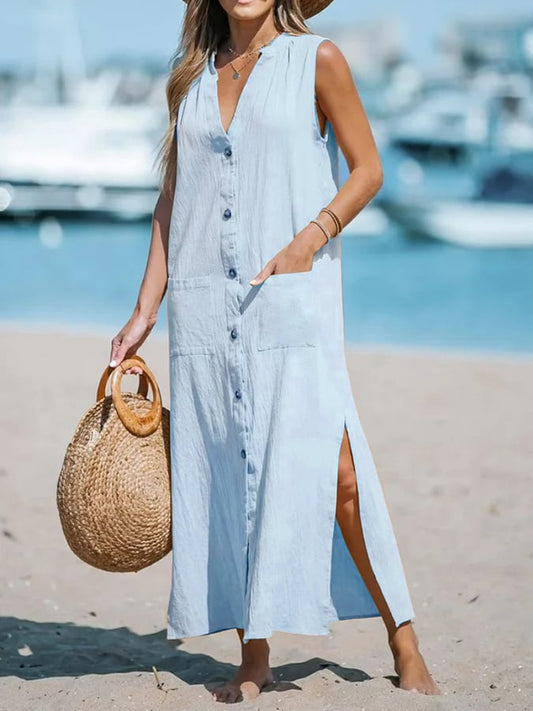 Women's Casual V-Neck Pocket Sleeveless Dress