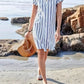 Women's Casual V-neck Short Sleeve Striped Print Contrast Color Cotton and Linen Dress