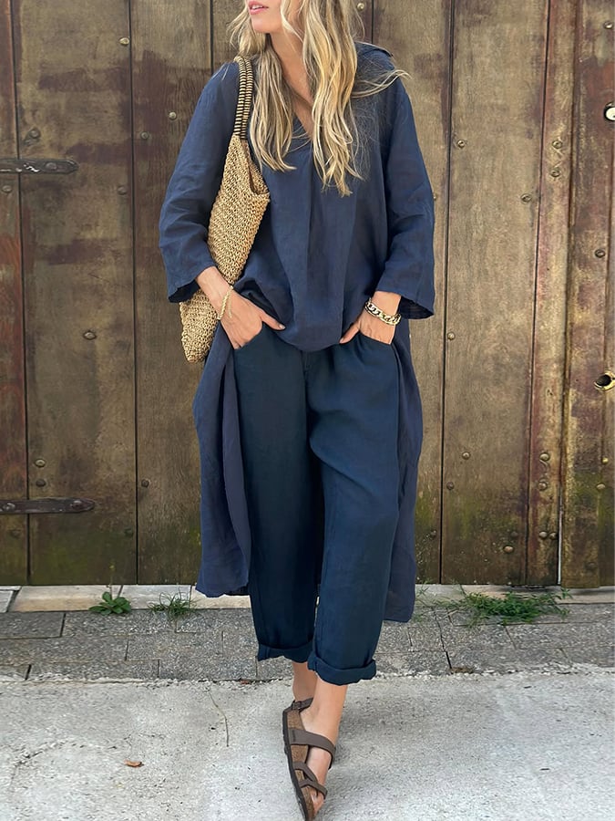 Women'S Casual Irregular Hem Solid Color Cotton And Linen Suit