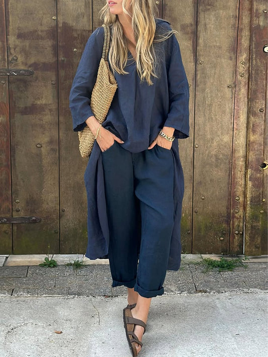 Women'S Casual Irregular Hem Solid Color Cotton And Linen Suit