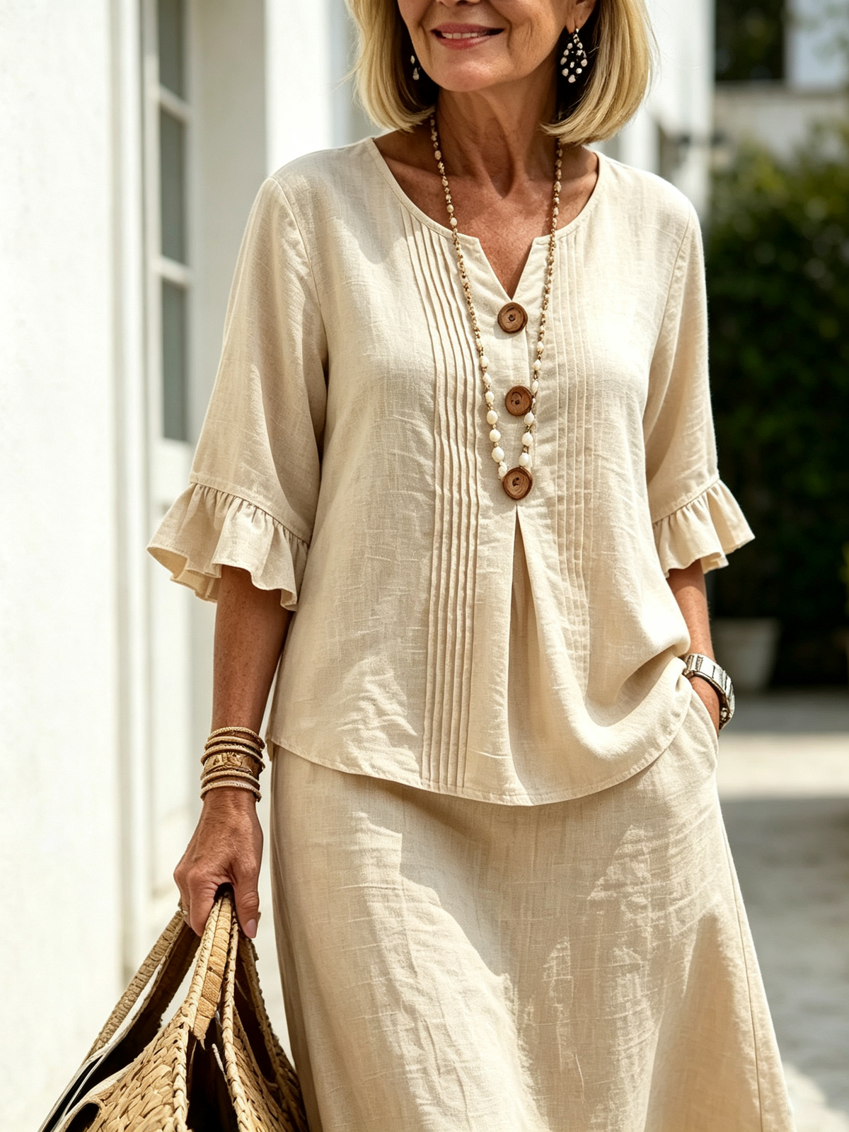 2Pcs Casual Matching Top and Skirt Set, V Neck Button Placket Blouse, Ruffle Edge Seven-quarter Sleeve, Solid Lightweight Linen-like Fabric, Loose A-line Midi Skirt, Relaxed Fit Co-Ord Outfit for Daily Wear and Vacation