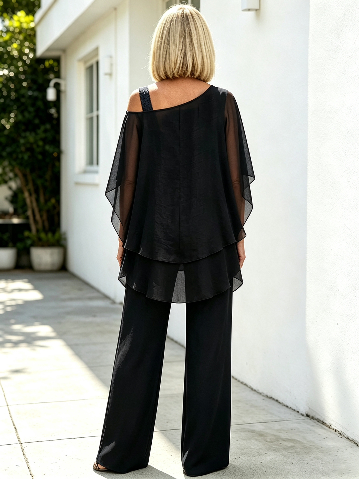 2 Piece Outfit Set, Cold Shoulder Asymmetrical Chiffon Batwing Sleeve Top, Irregular Layered Hem, High Waist Wide Leg Long Trousers, Lightweight Sheer Fabric, Elegant Flowy Pant Suit for Wedding, Banquet and Formal Events