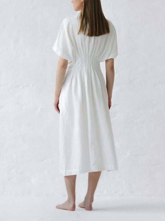 Women's Solid Color Gathered Waist Button Linen Dress