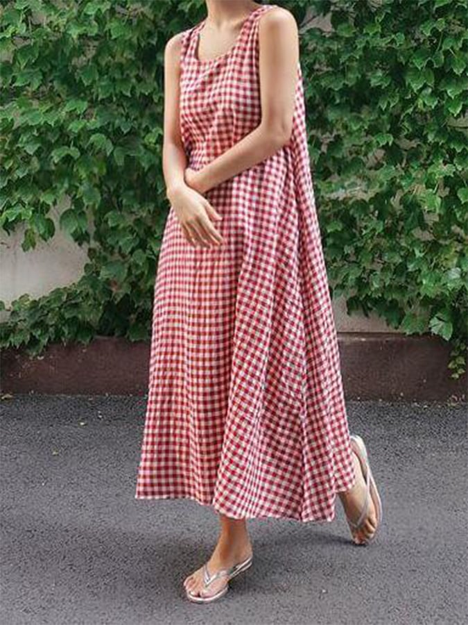 Women'S Loose Plaid Pocket Sleeveless Dress