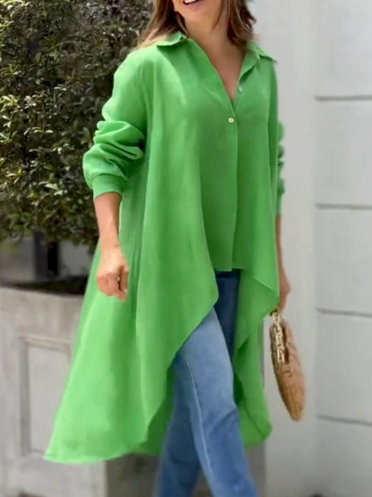 Women'S Casual Solid Color Short Front And Long Back Cotton And Linen Shirt