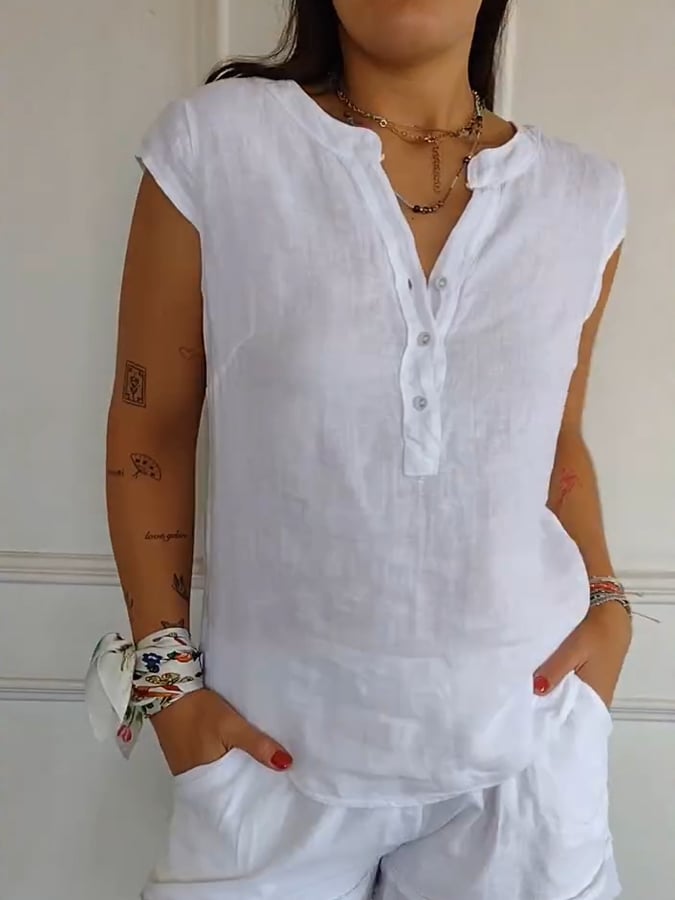 Women'S Casual Half-Button Sleeveless Cotton And Linen Top