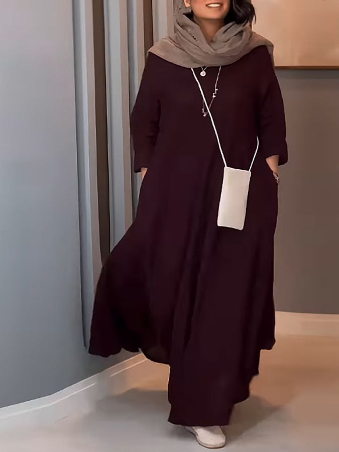 Women's Casual Solid Color V-Neck Long Sleeve Cotton and Linen Dress