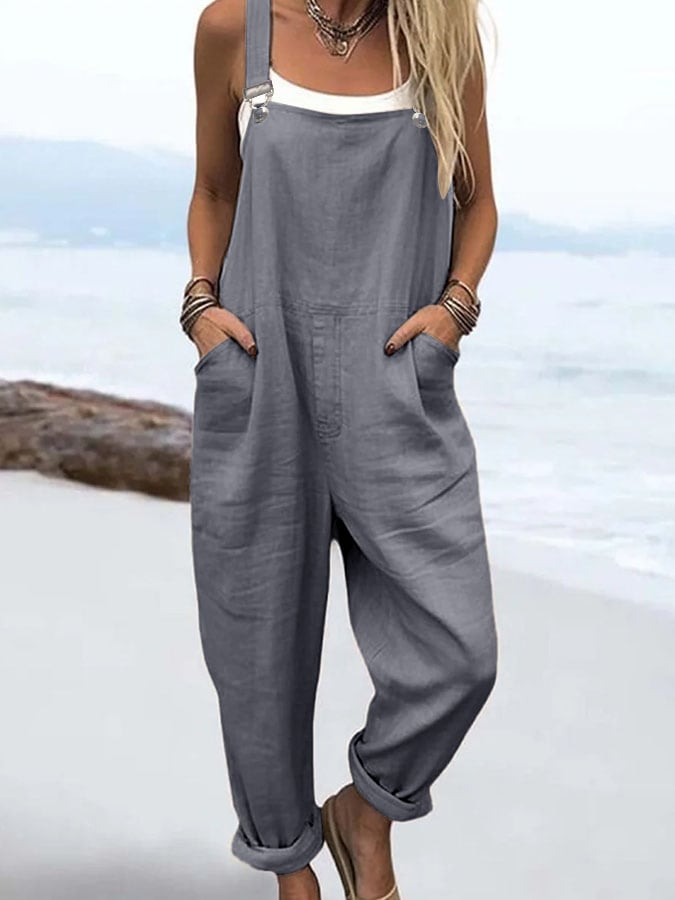 Women'S Casual Solid Color Cotton And Linen Overalls