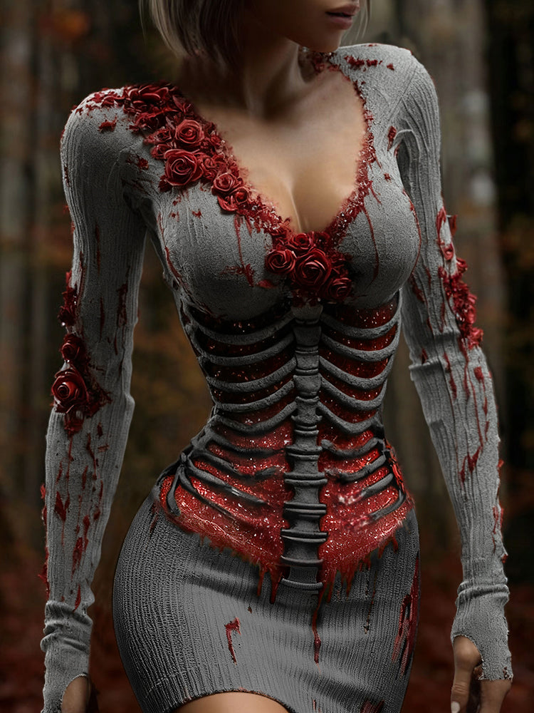 Women's Vintage Halloween Skeleton & Rose Art Sweater Dress
