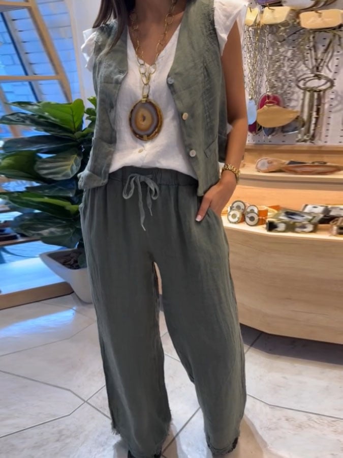 Women's Casual Solid Color Vest Trousers Cotton and Linen Two-piece Set