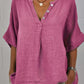 Women's Solid Mid Sleeve V-Neck Button-Up Cotton and Linen Shirt