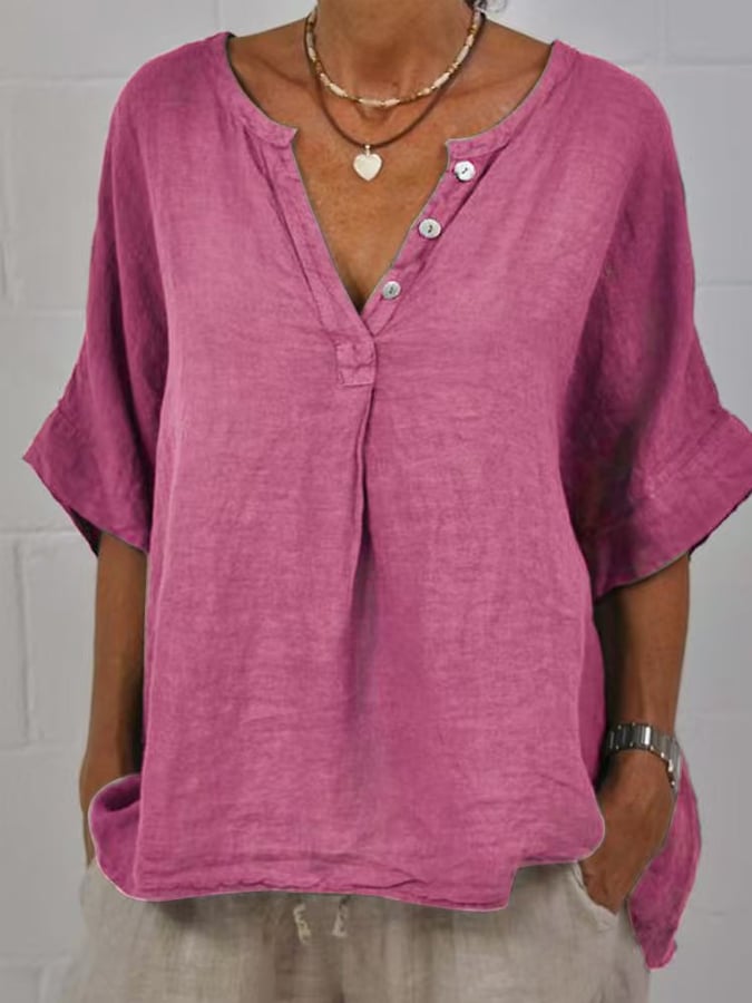 Women's Solid Mid Sleeve V-Neck Button-Up Cotton and Linen Shirt